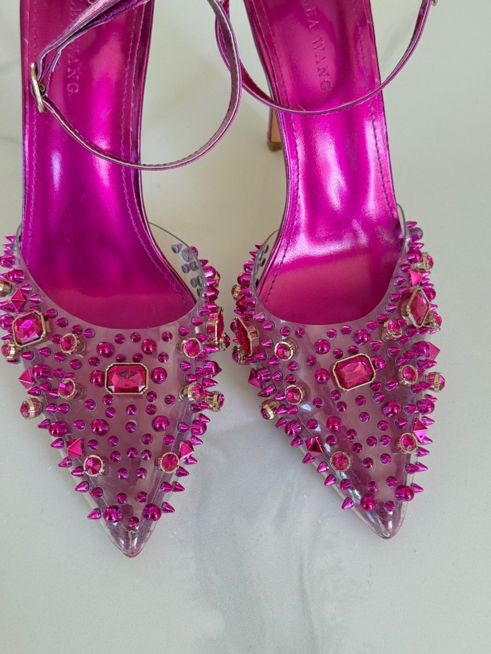 Azalea Wang Arthelia Pink Crystal Embellished Clear Pumps - Picture 3 of 14